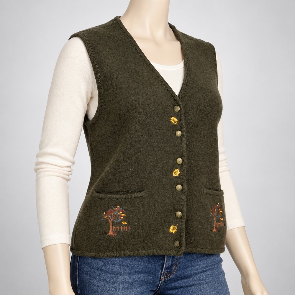 Chelsea & Cambell Petite Large Vtg Wool Sleeveless Vest Embroidered Olive Green